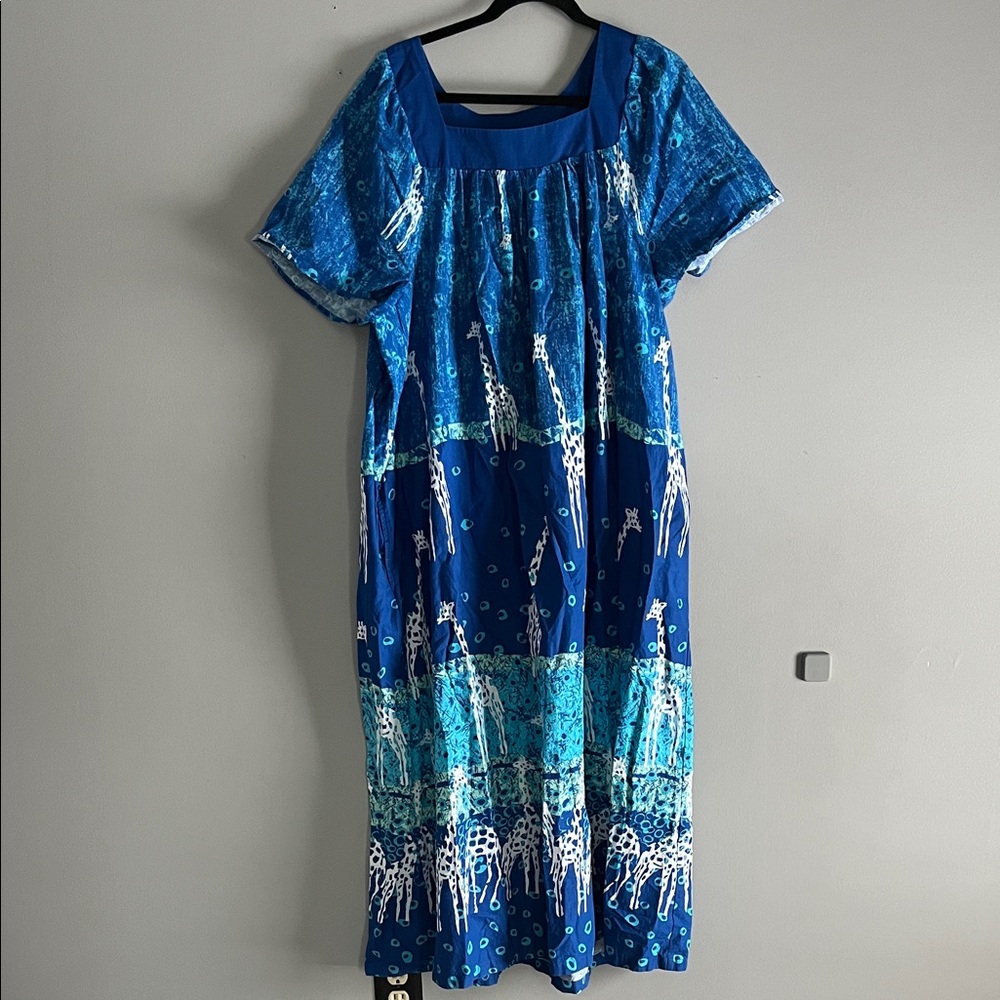 Anthony Richards Blue and White Giraffe print Muumuu Dress